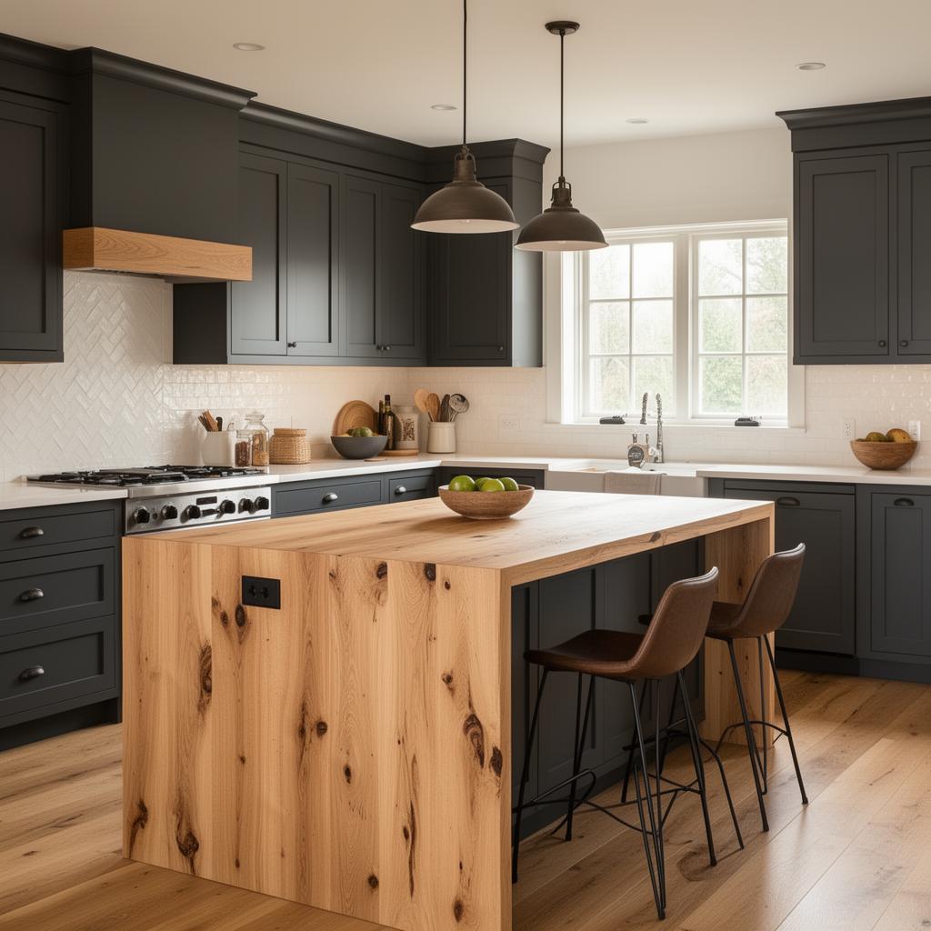 Renovated farmhouse kitchen with oak island and charcoal cabinets